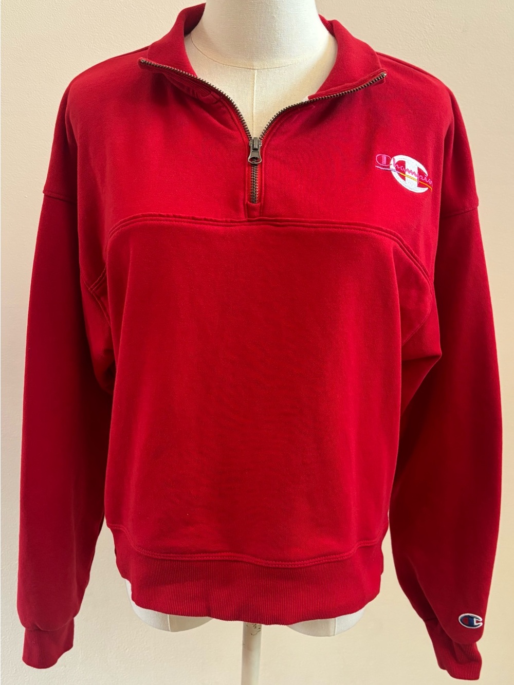 Champion Red Quarter Zip Sweatshirt Women’s Small Embroidered Logo Pullover